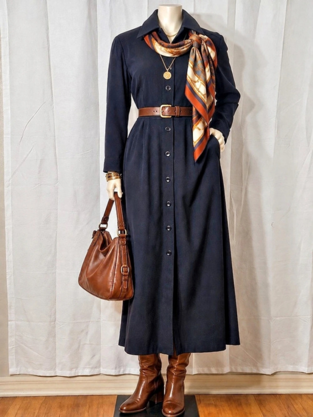 Liz Claiborne Navy Maxi Shirt Dress Size 6 90s Minimalist Button Front Pockets